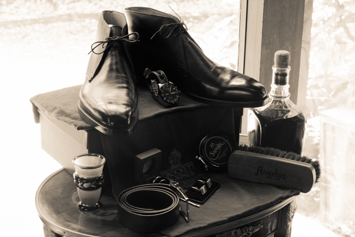 Shoes, belt, whiskey, cufflinks, rings, watch