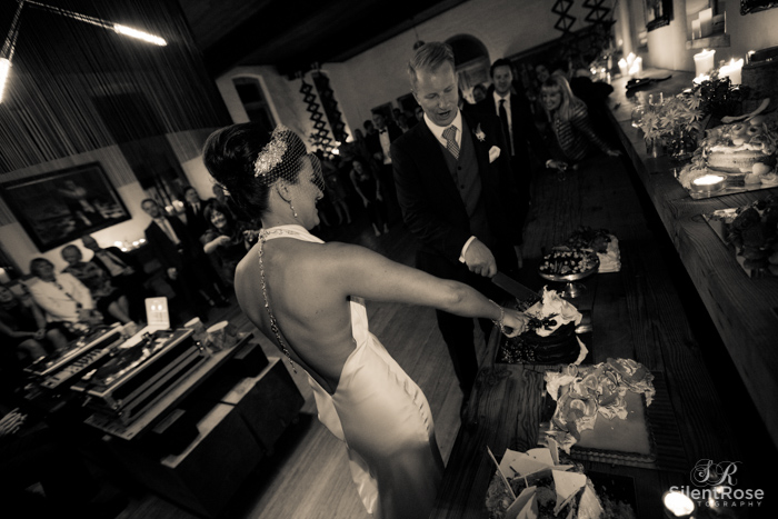 Both Brooke & Clark Cutting the Cake with a butchers cleavers!